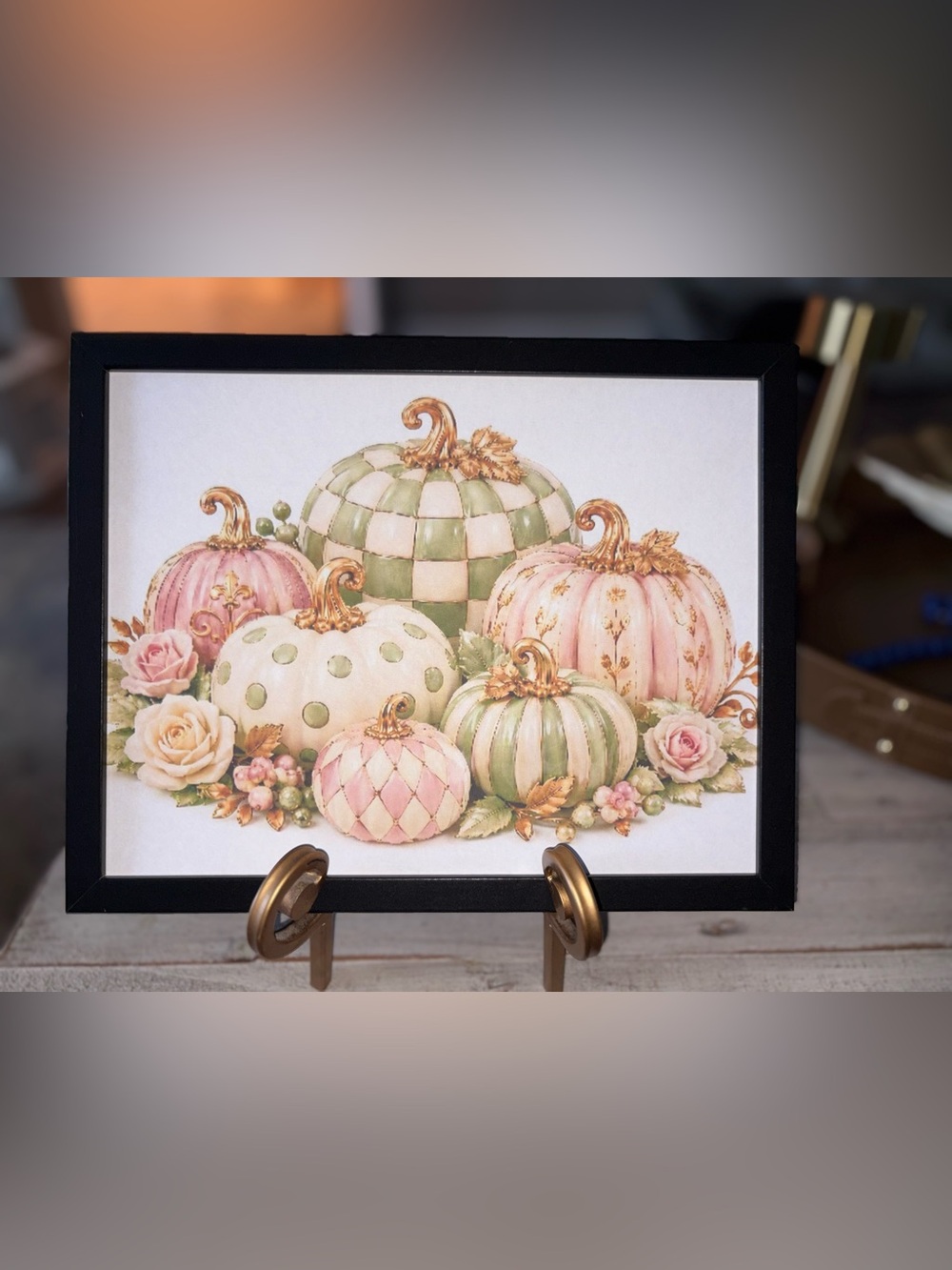 Framed Iconic Checkered Pastel Pumpkin 8x10 Art Print - Holiday Decor